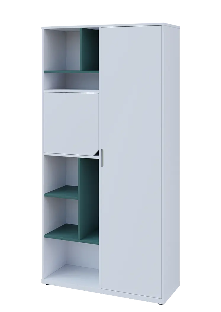 KSR6-83 P skříň šatní, 1x výsuvné ramínko, dvířka, niky, 2053x1022x400 mm, provedení pravé, korpus a dvířka bílá sněžná/police světle petrolejová